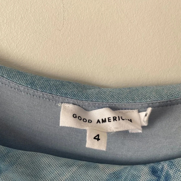 Good American Ruched Mesh Midi Dress Blue Denim Print Size 4 - Picture 7 of 9